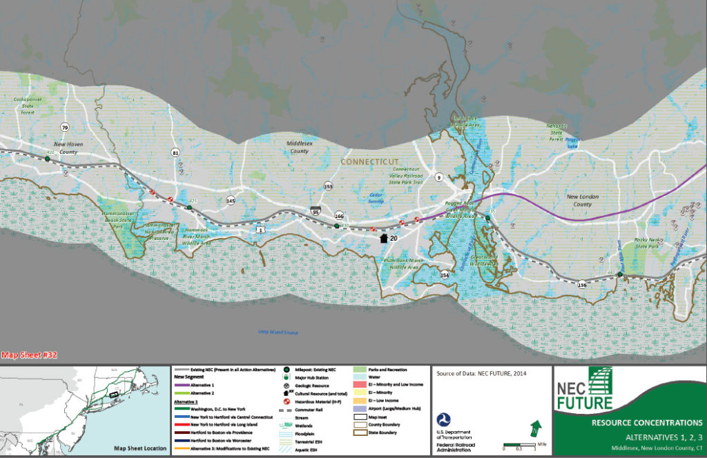A map of a portion of the National Railroad Administration's plan for the Northeast Corridor shows a proposed line (in purple) that would run through the city center of Old Lyme, Connecticut. (Credit: Federal Railroad Administration)