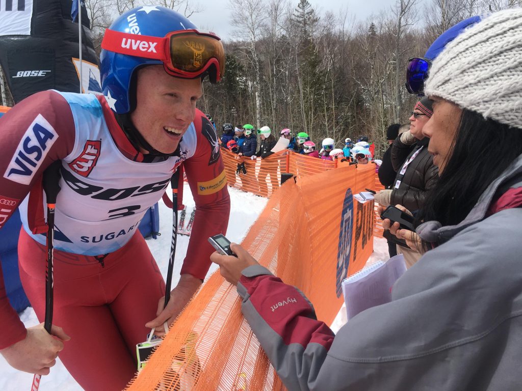 Sam Morse, Carrabassett Valley native, winner of the FIS Junior World Downhill Championships in Are, Sweden, after a race at the U.S. National Championships in Maine this week. Photo by Fred Bever for Maine Public.