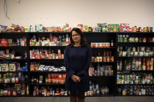 Aura Alvarado helped run the relief center in Hartford. She says there's still a need for services for hurricane evacuees. (Ryan Caron King / Connecticut Public Radio)