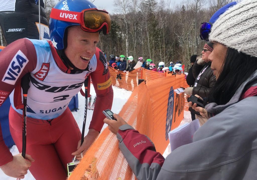 Sam Morse, Carrabassett Valley native, winner of the FIS Junior World Downhill Championships in Are, Sweden, after a race at the U.S. National Championships in Maine this week. Photo by Fred Bever for Maine Public.