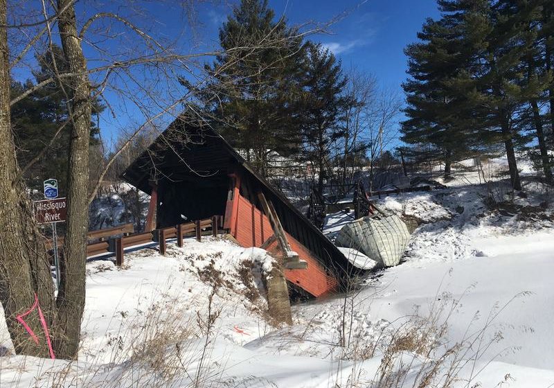 troy-covered-bridge-collapse-vpr-vandine-20210208 (1) The River Road covered bridge in Troy, Vermont collapsed in February due to a fire. (Anna Van Dine/VPR)